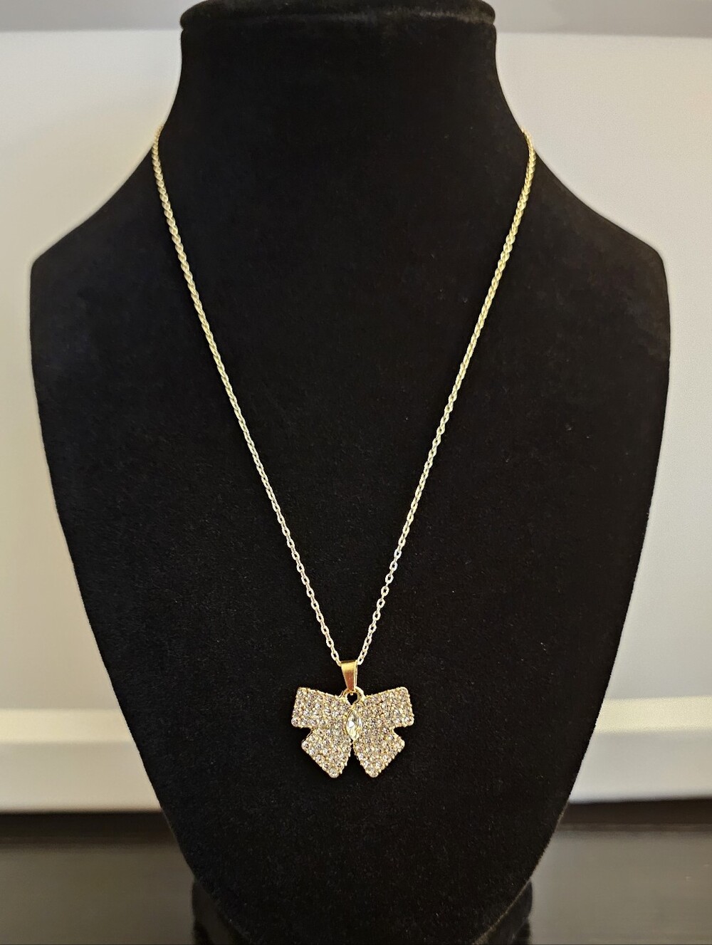 Gold Bow Pendant Necklace with Crystal Accents - Women Jewelry
